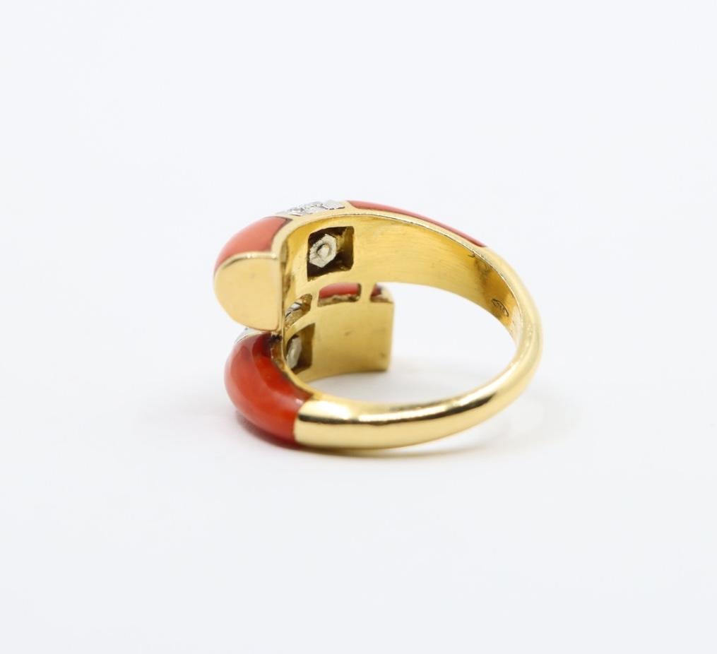 18K Gold Coral Diamonds Ring Bypass Ring