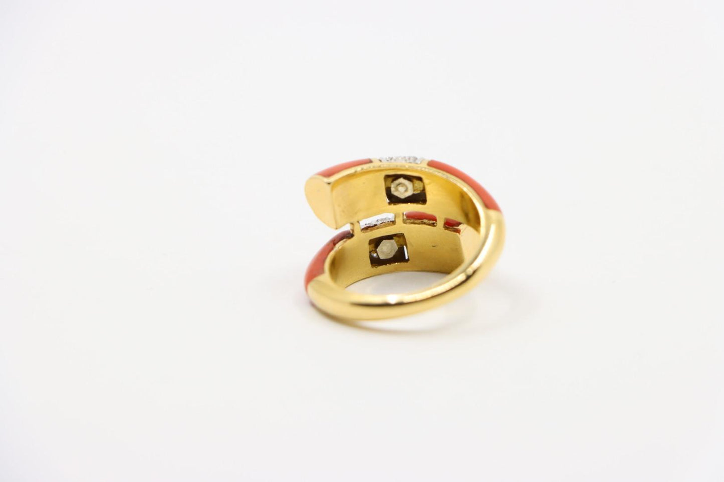 18K Gold Coral Diamonds Ring Bypass Ring