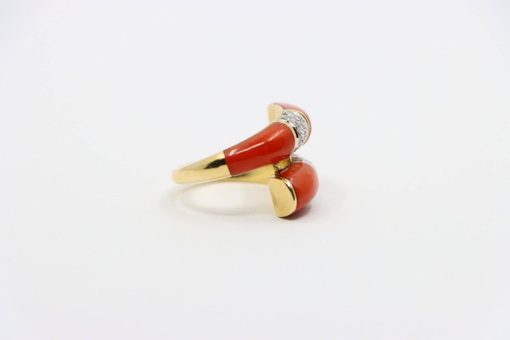 18K Gold Coral Diamonds Ring Bypass Ring