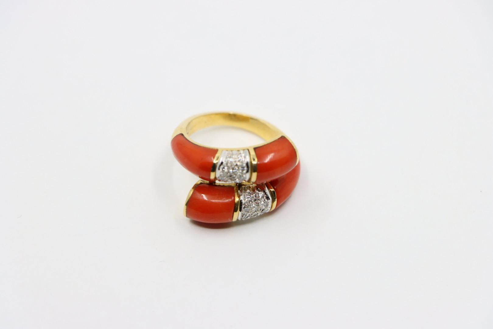 18K Gold Coral Diamonds Ring Bypass Ring