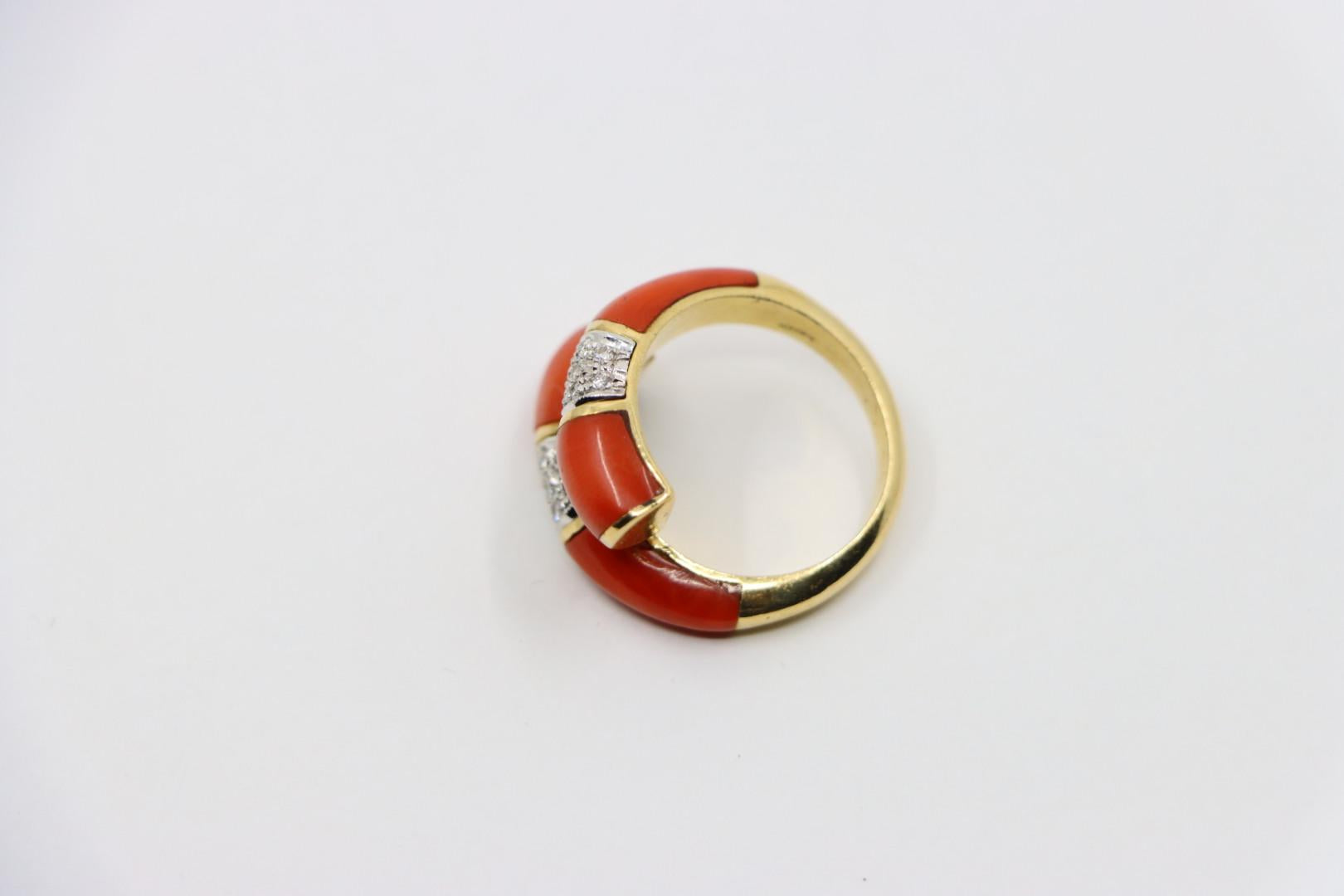 18K Gold Coral Diamonds Ring Bypass Ring