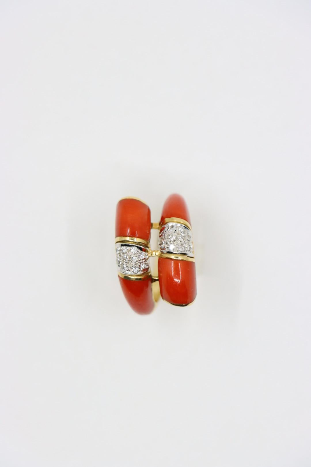 18K Gold Coral Diamonds Ring Bypass Ring