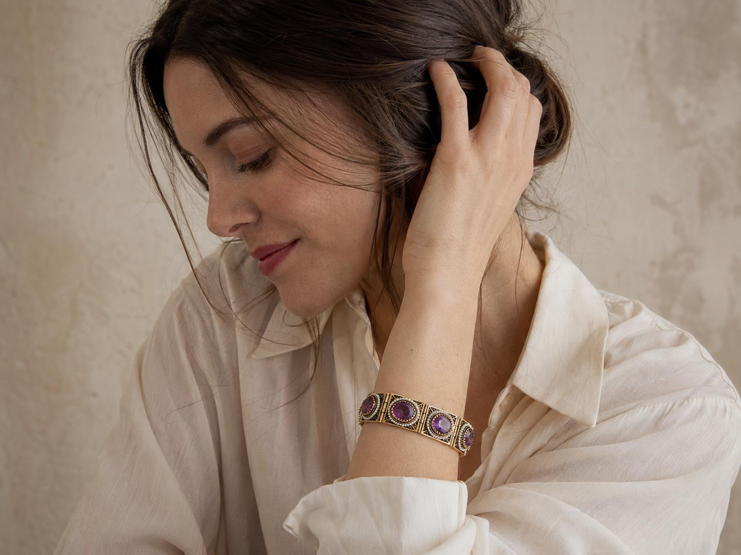 14K Gold Amethyst and Seed Pearl Bracelet