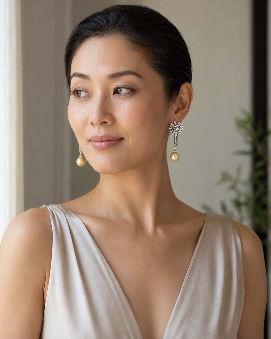 Platinum Golden Pearl and Diamond Floral Drop Earrings