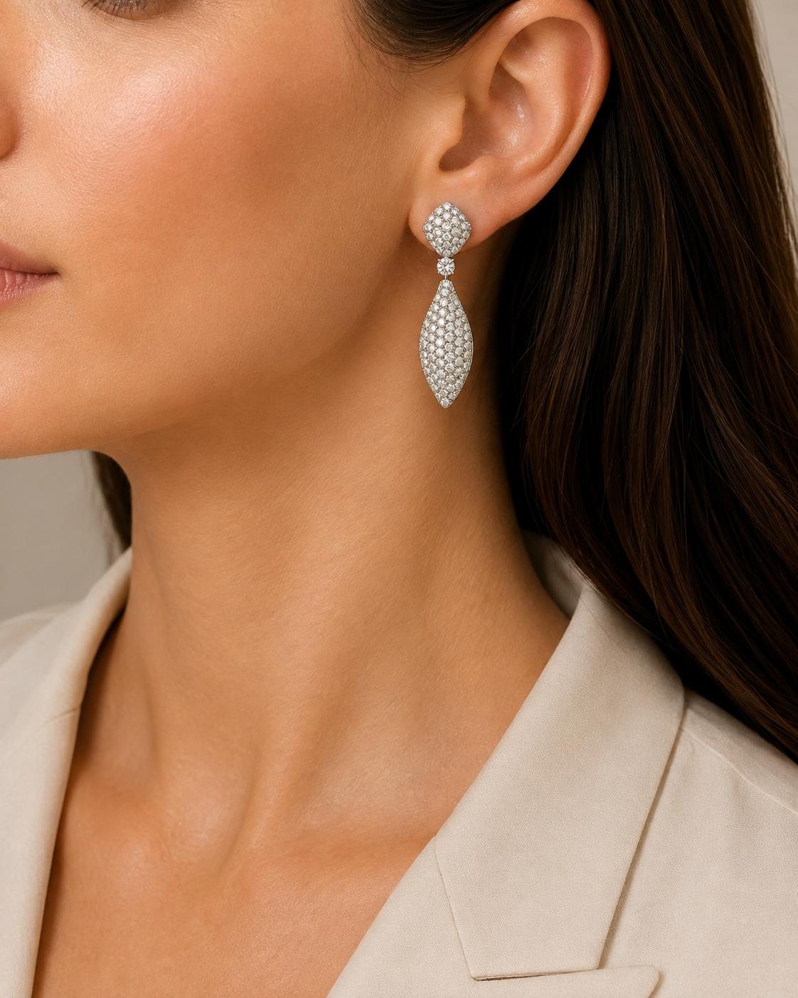 Platinum and Gold Diamond Cluster Drop Earrings