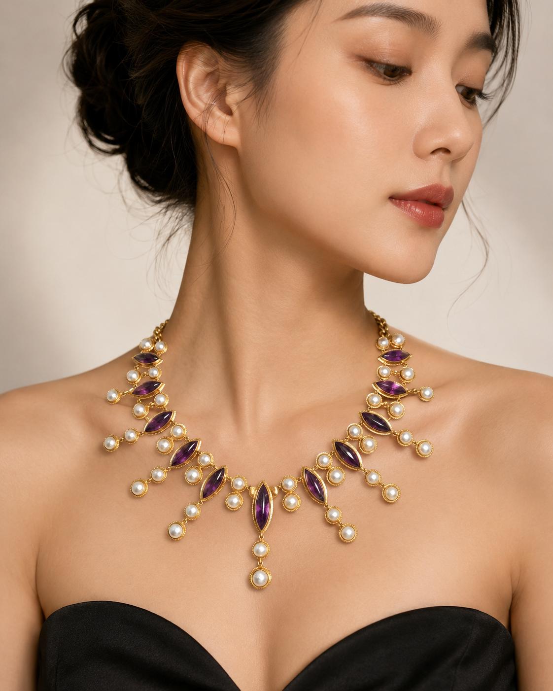 Vintage 18K Yellow Gold Amethyst & Pearl Fringe Bib Necklace
