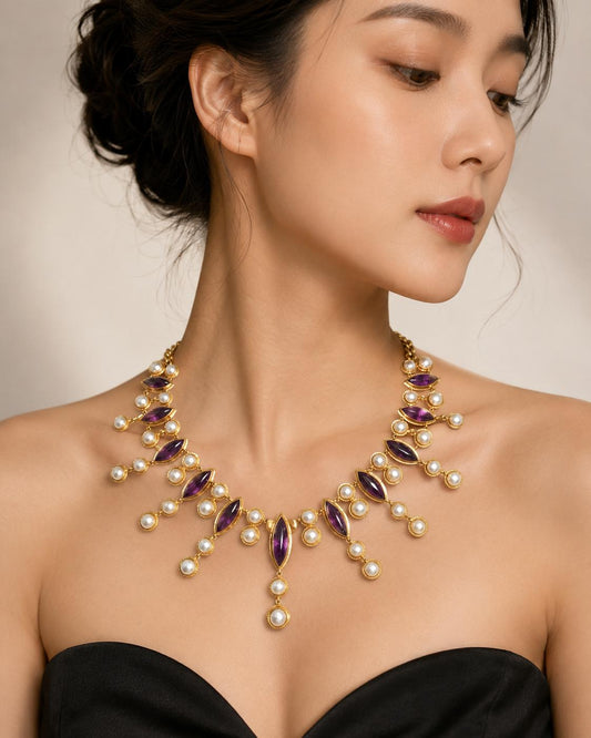 Vintage 18K Yellow Gold Amethyst & Pearl Fringe Bib Necklace