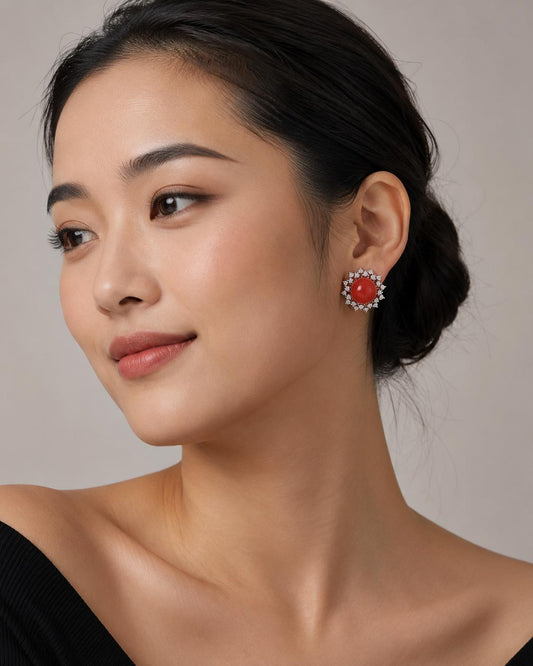 A PAIR OF PLATINUM RED CORAL & DIAMOND EARRINGS