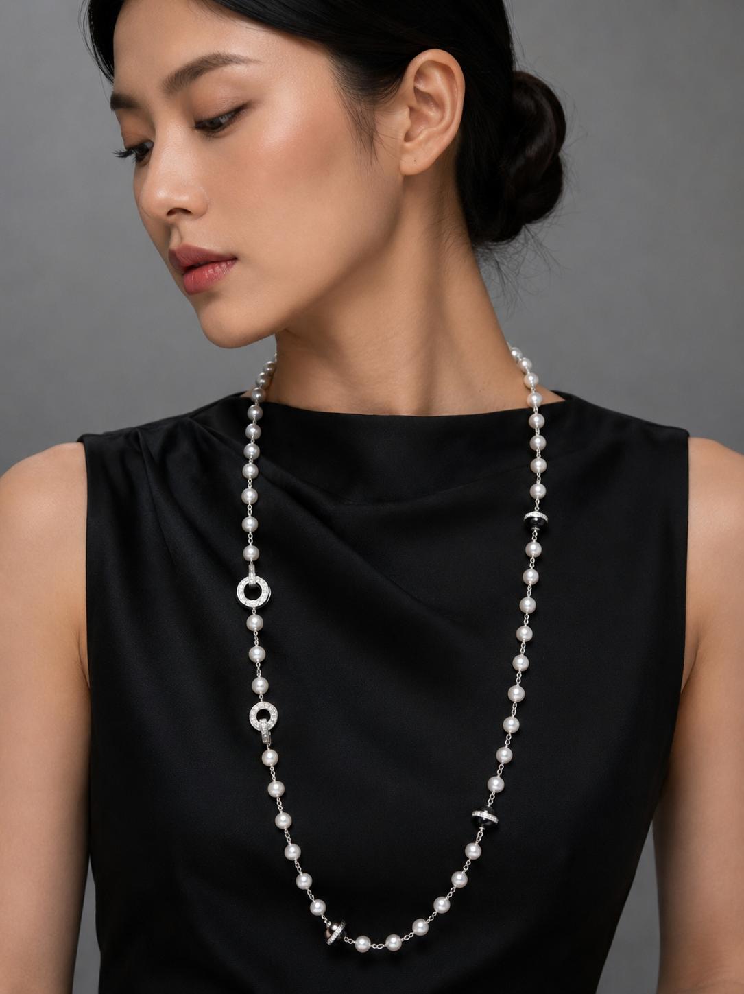 Rare Cartier Himalia 18K White Gold Pearl Onyx & Diamond Long Station Necklace