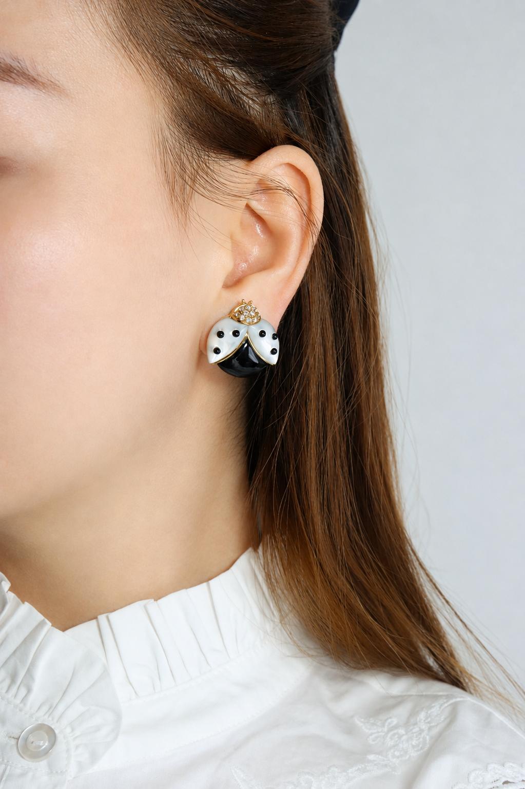 Vintage De Grisgono 18K Mother-of-Pearl Onyx & Diamond Lady Bug Earrings