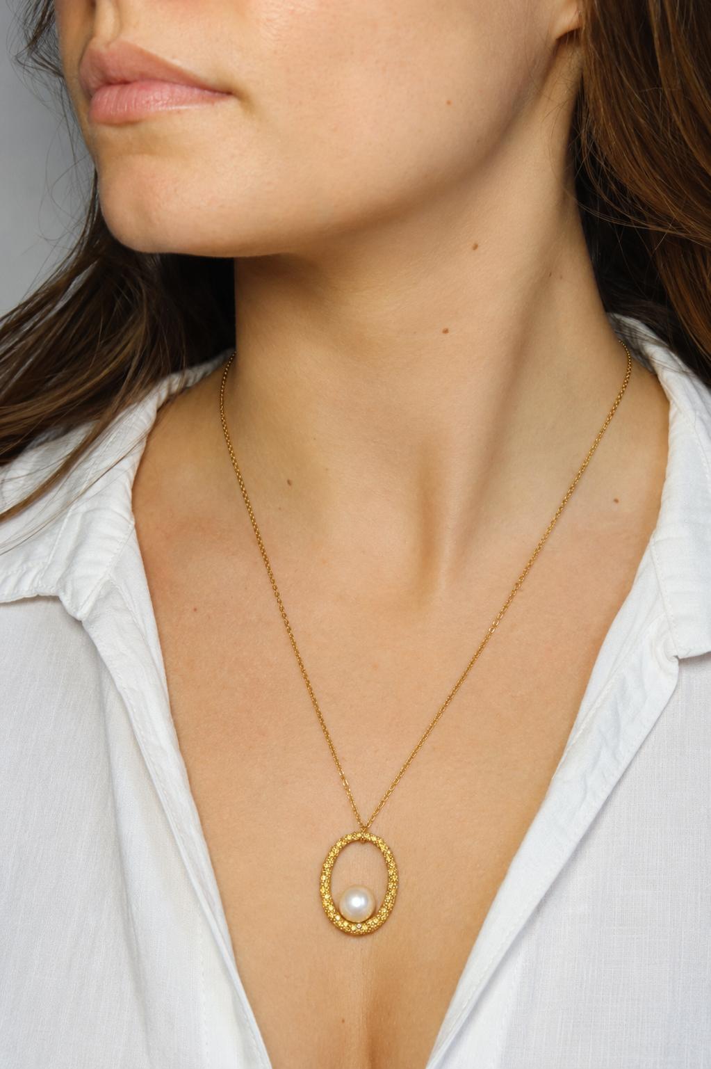 Italian 18K Gold Yellow Gemstone & Cultured Pearl Pendant Necklace
