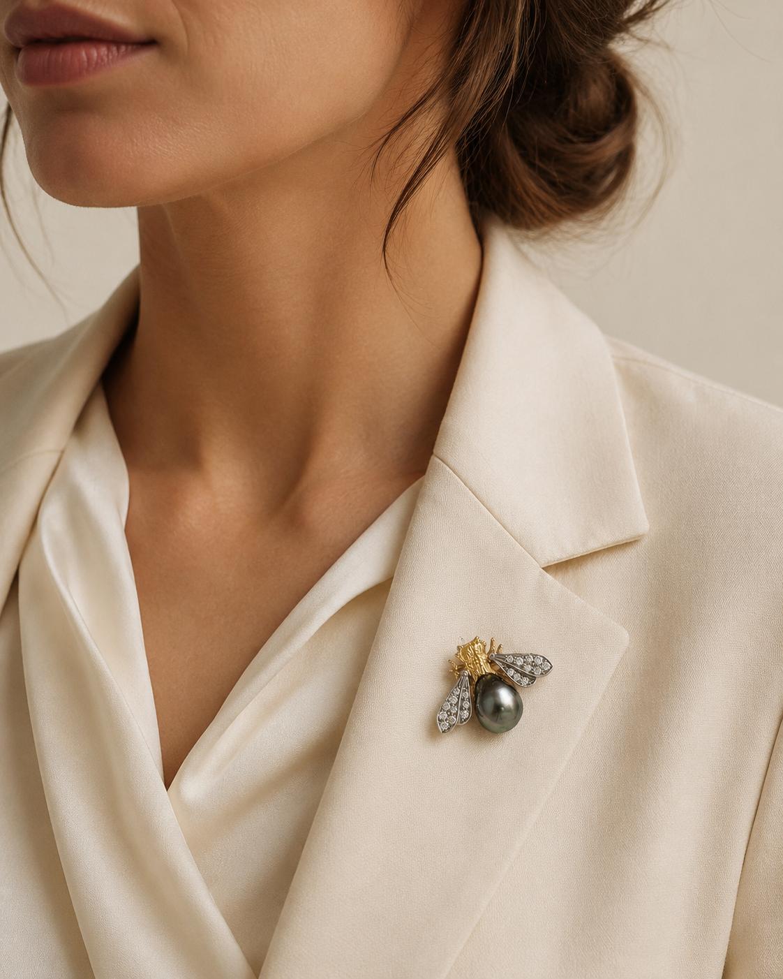 18K Gold, Platinum, Diamond & Tahitian Pearl Winged Insect Brooc