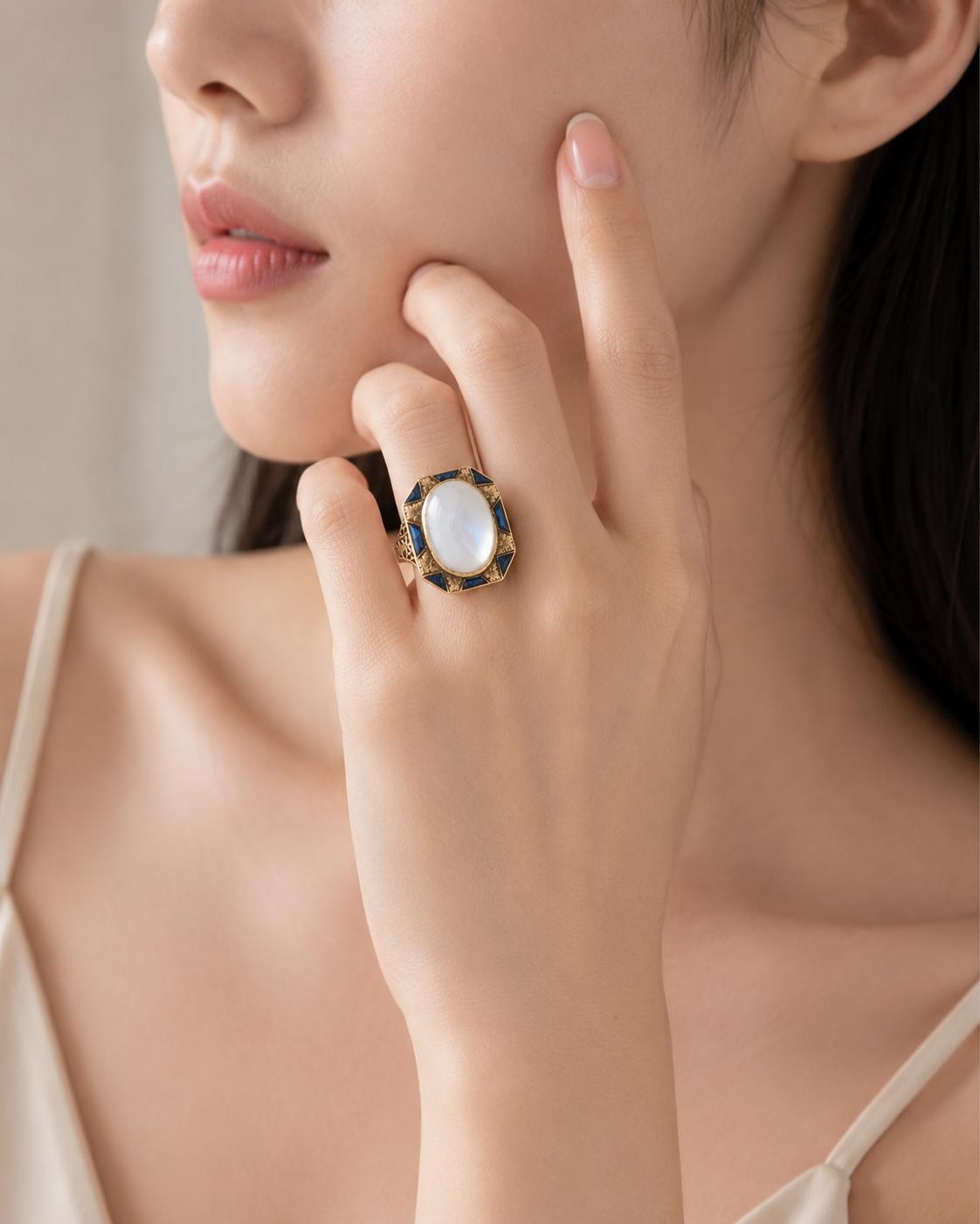 Art Deco 14k Gold Moonstone Cabochon Sapphire Ring