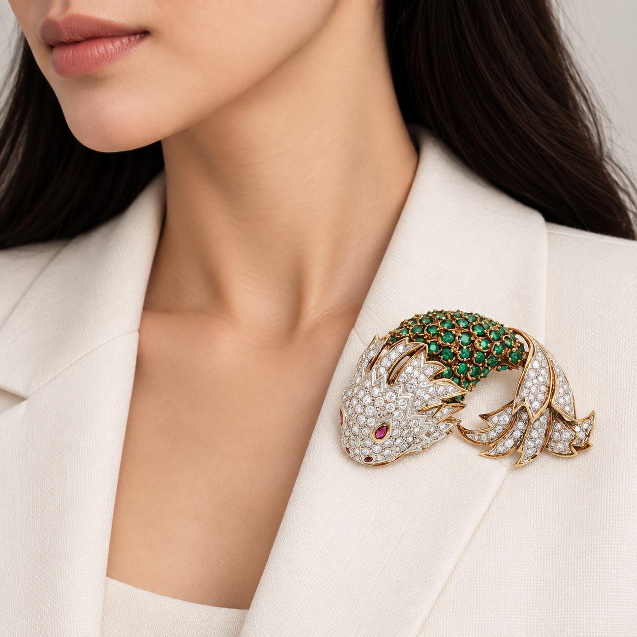 La Triomphe 18K Gold Diamond Emerald Ruby Fish Brooch Pin
