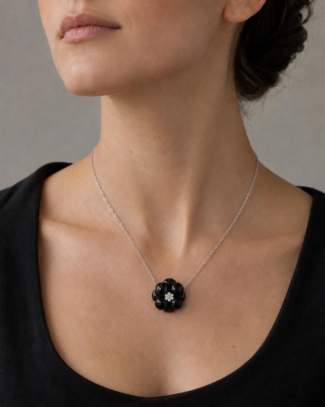 Van Cleef & Arpels 18K White Gold Onyx & Diamond Floral Pendant Necklace