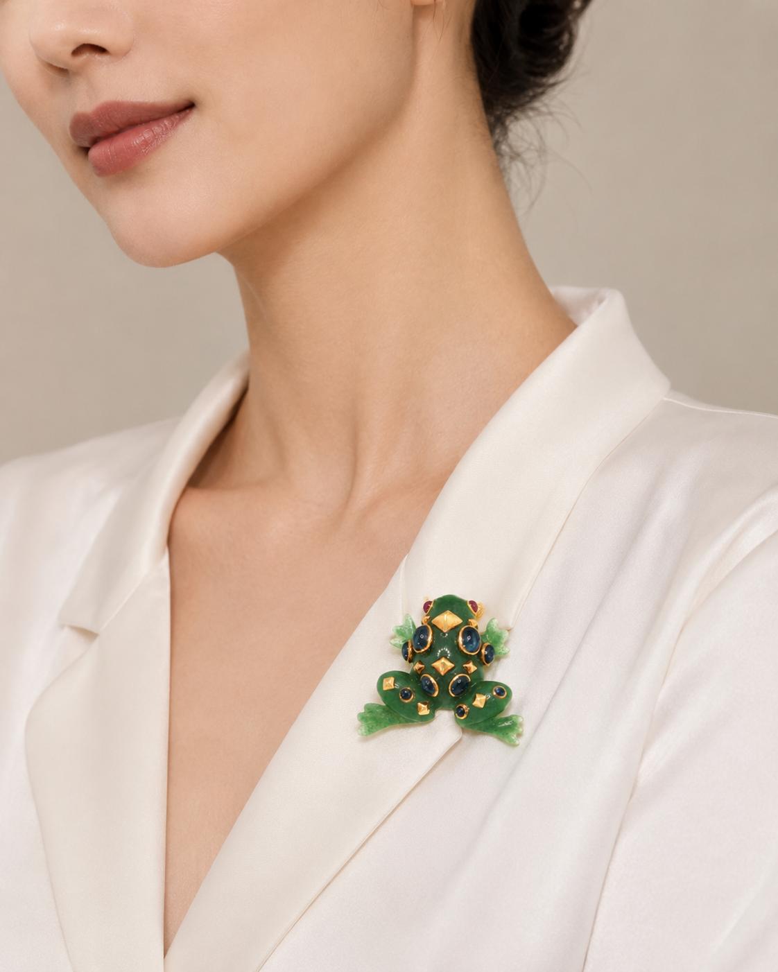 Seaman Schepps 18K Jade Sapphire & Ruby Frog Brooch