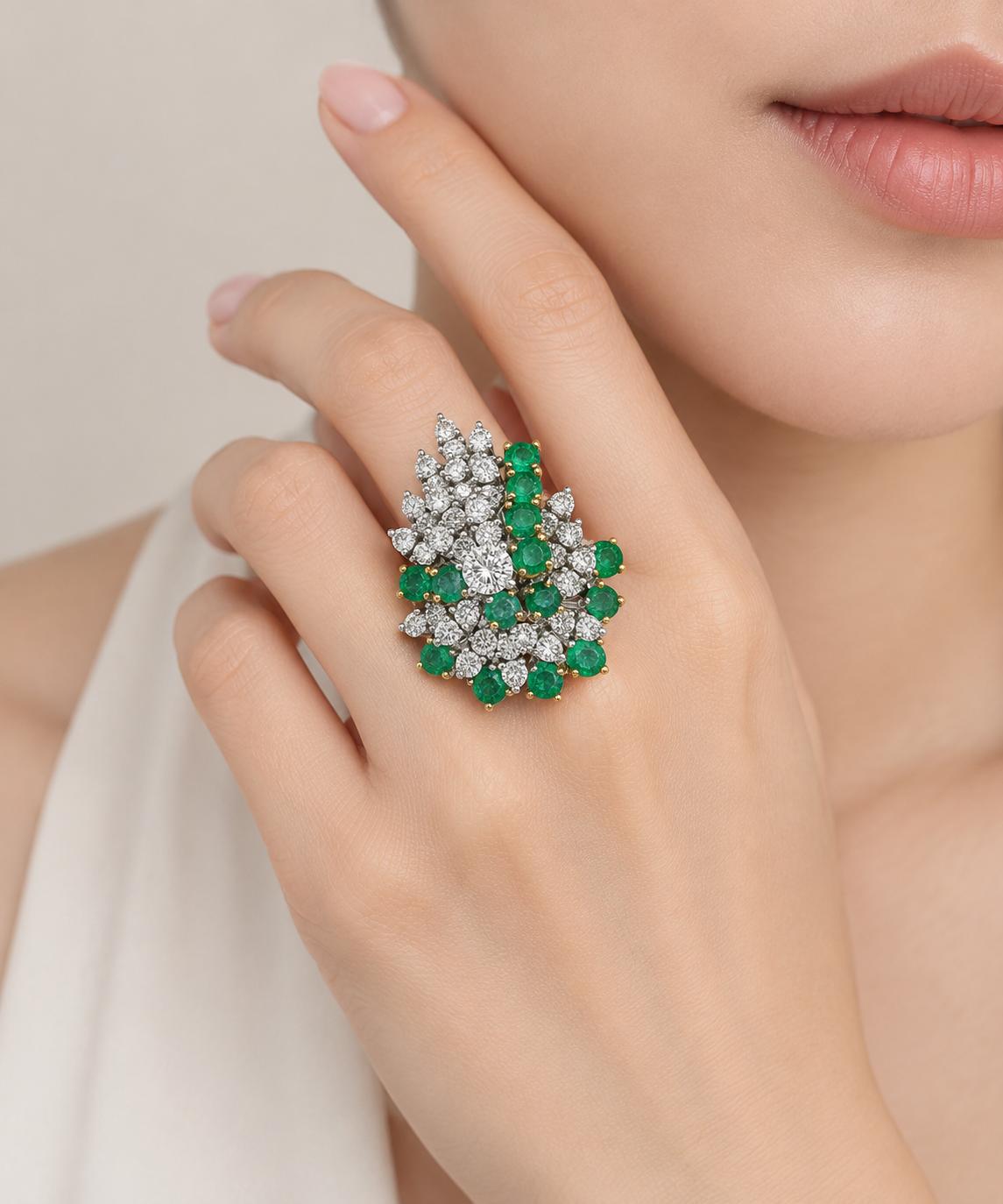 18K White Gold Emerald & Diamond Cluster Cocktail Ring