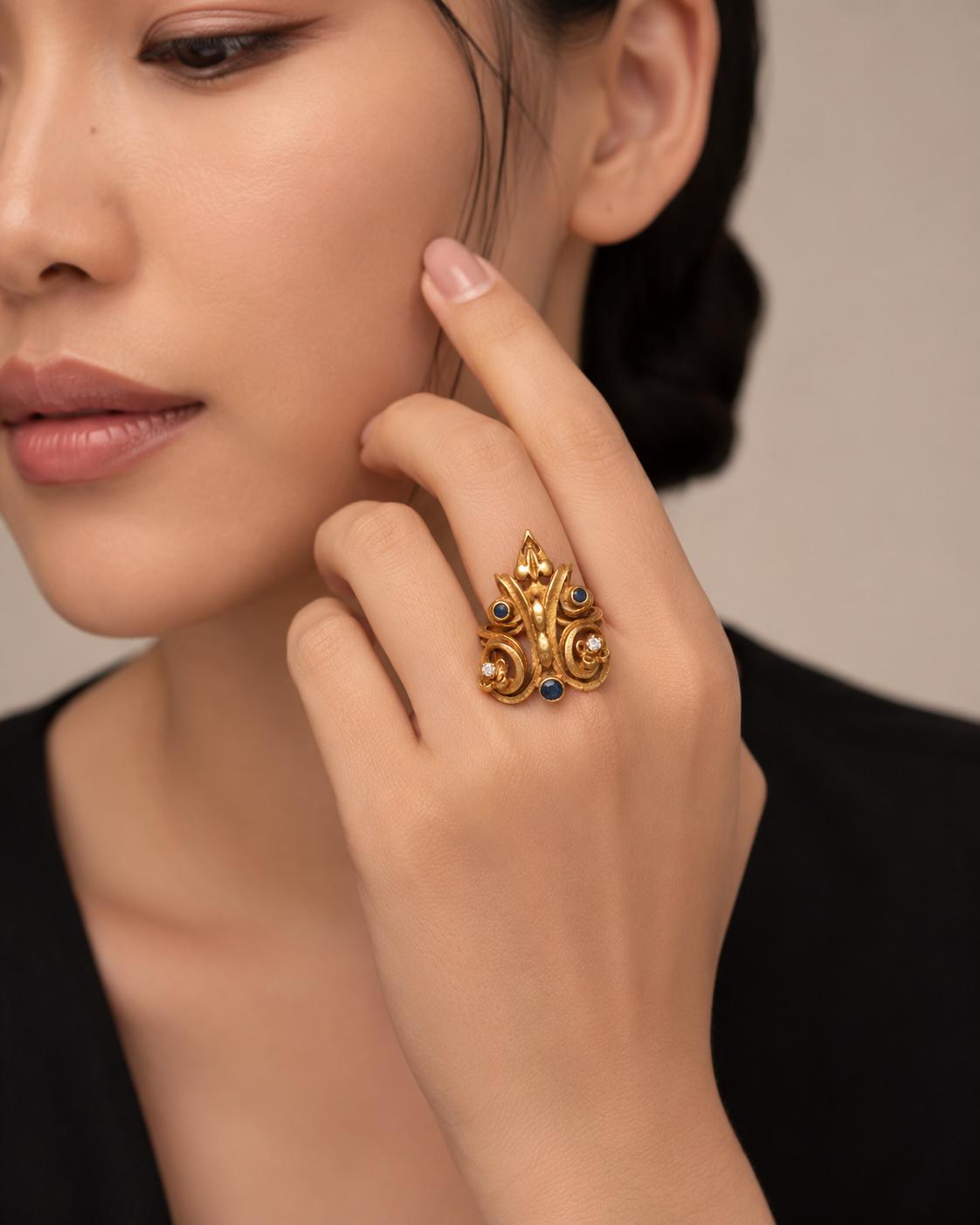Ilias Lalaounis 18K Gold Sapphire & Diamond Sculptural Ring
