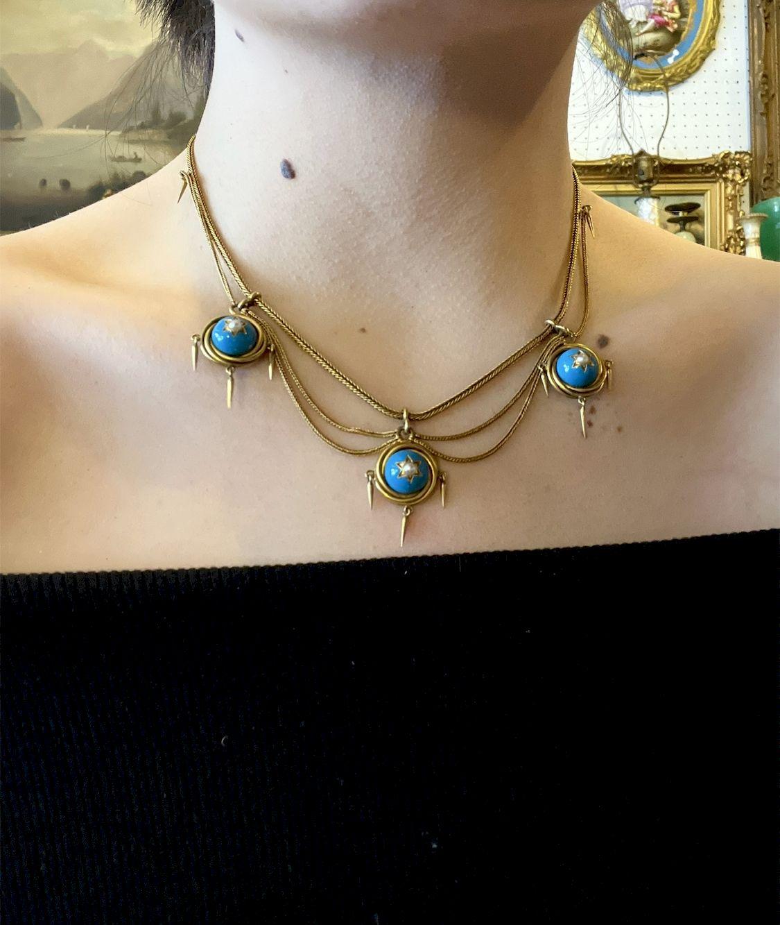 Victorian 18K Gold Turquoise Pearl Necklace