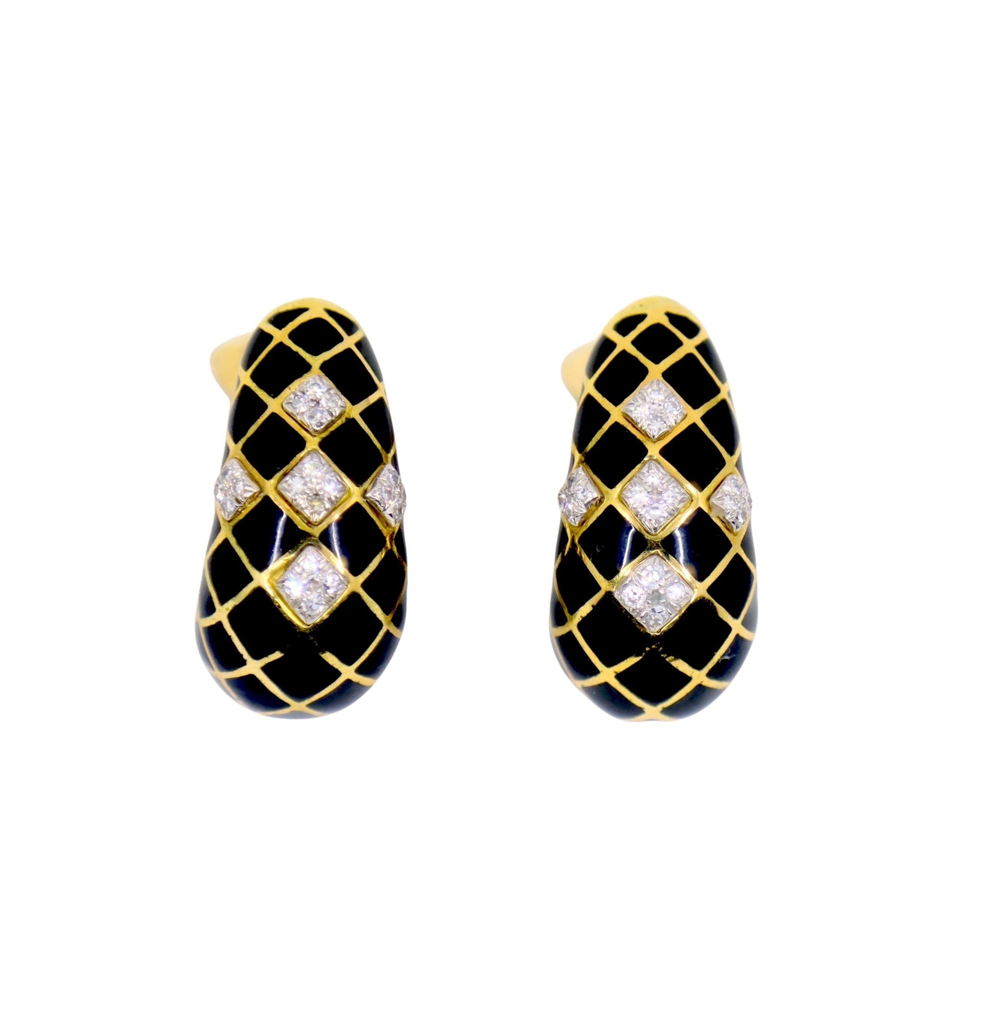 David Webb 18K Gold Diamond Black Enamel J Hoop Earrings