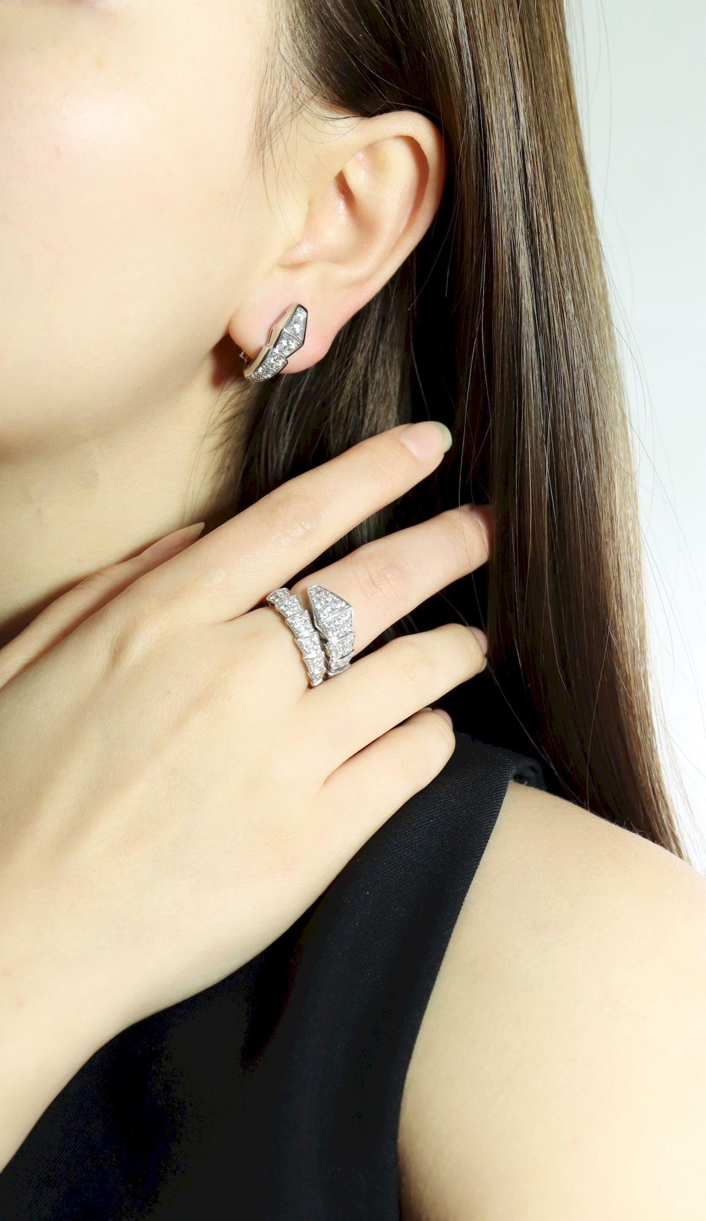 BVLGARI 18K White Gold Serpenti Viper Ring & Earrings Set