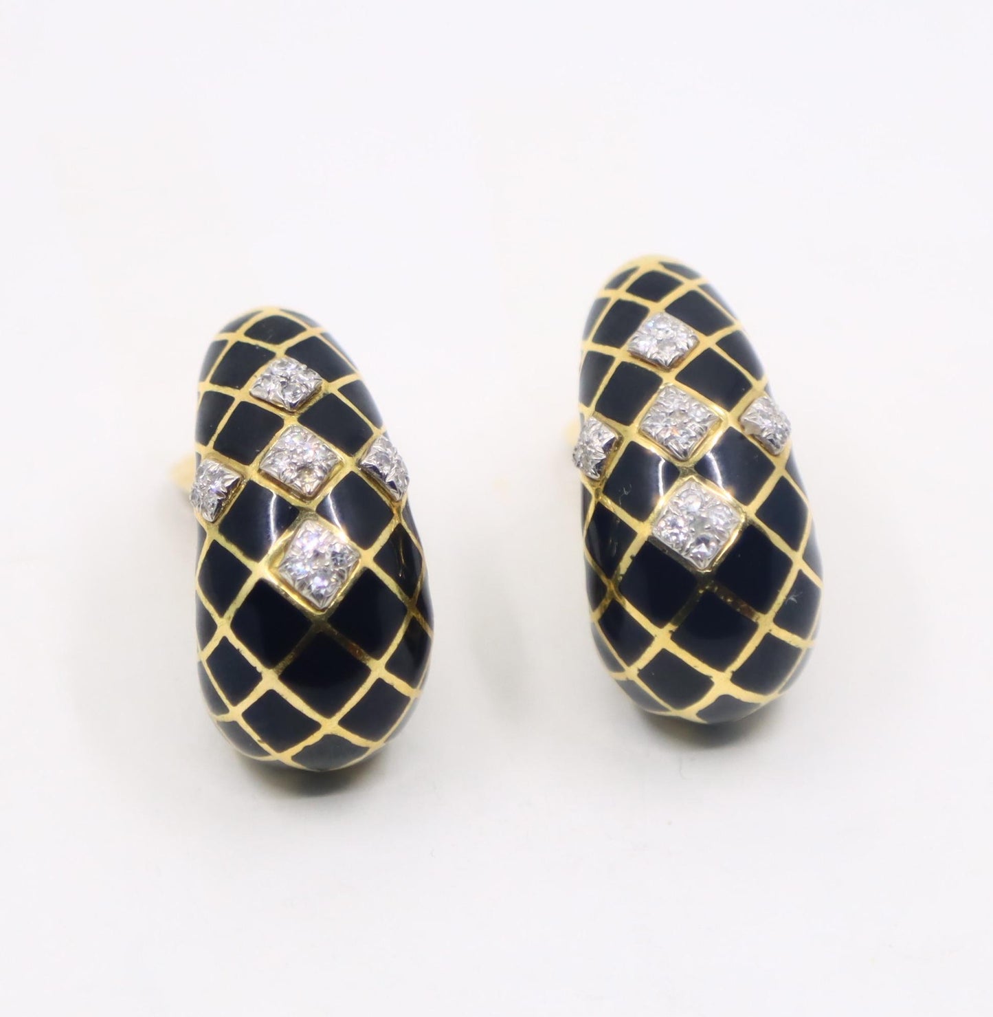 David Webb 18K Gold Diamond Black Enamel J Hoop Earrings