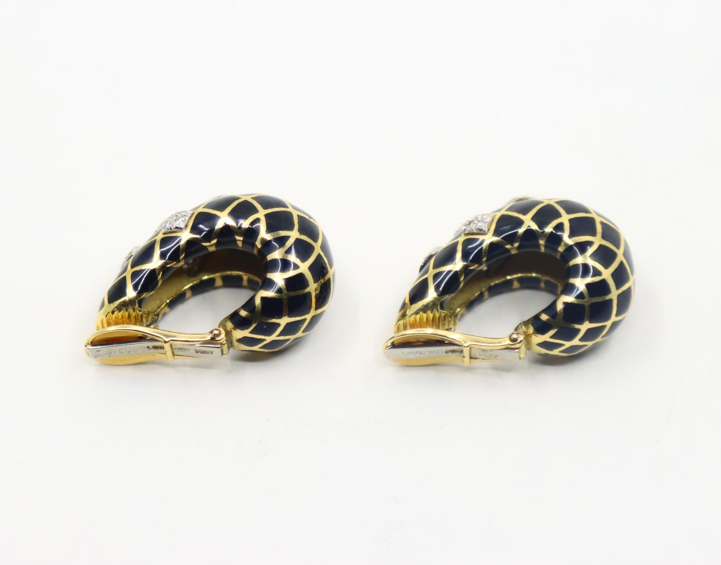 David Webb 18K Gold Diamond Black Enamel J Hoop Earrings