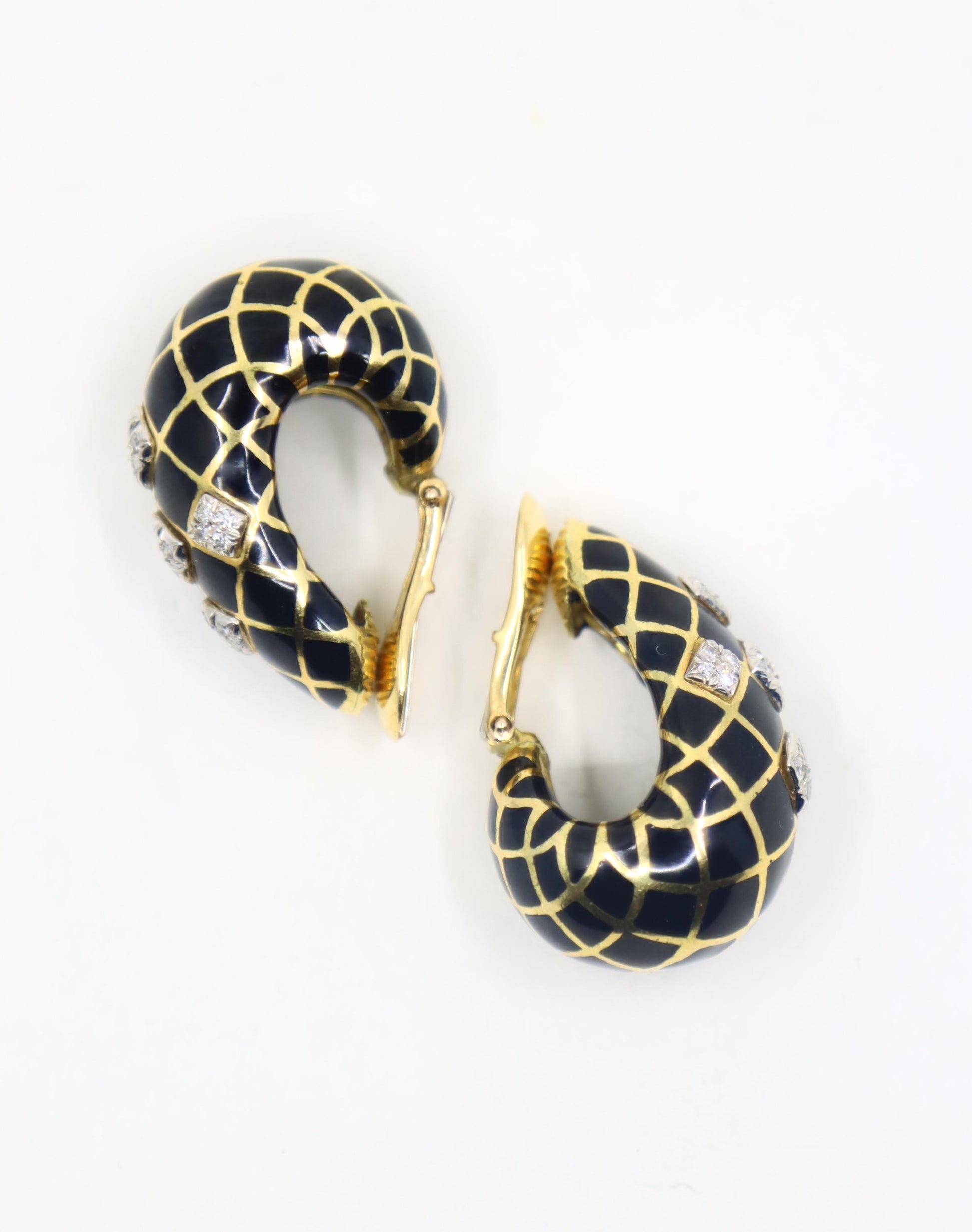 David Webb 18K Gold Diamond Black Enamel J Hoop Earrings