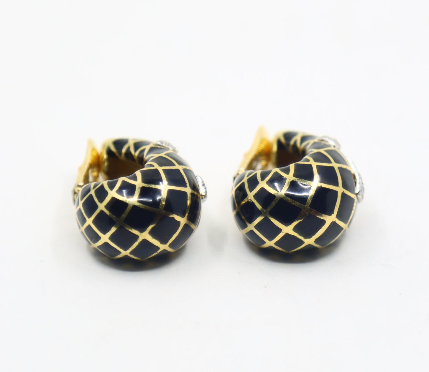 David Webb 18K Gold Diamond Black Enamel J Hoop Earrings