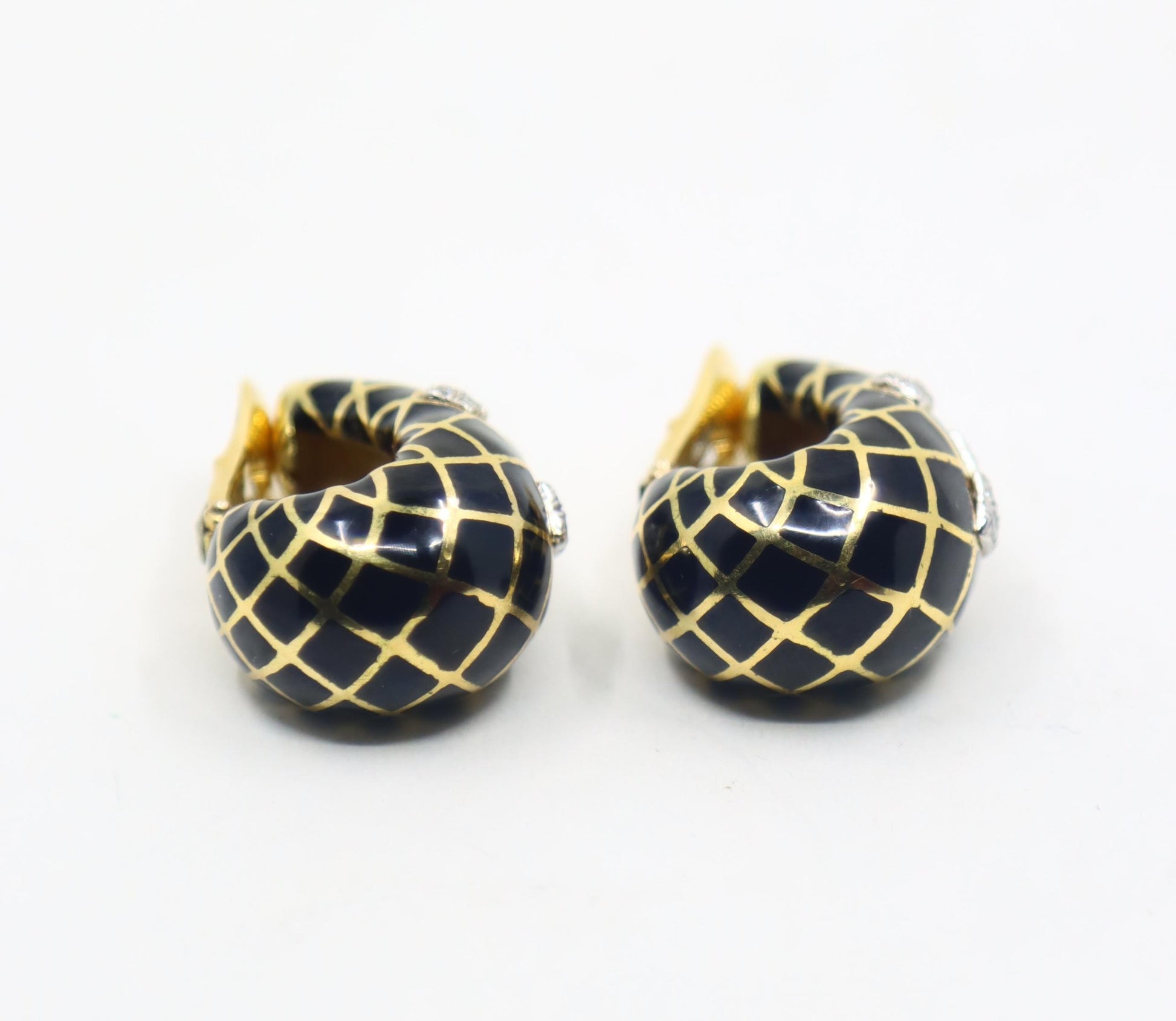 David Webb 18K Gold Diamond Black Enamel J Hoop Earrings