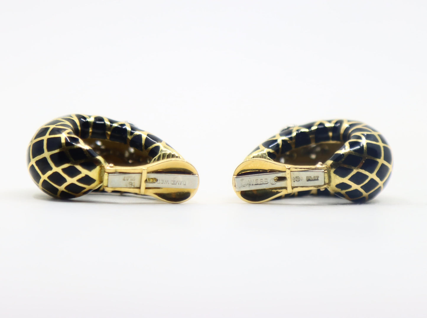 David Webb 18K Gold Diamond Black Enamel J Hoop Earrings