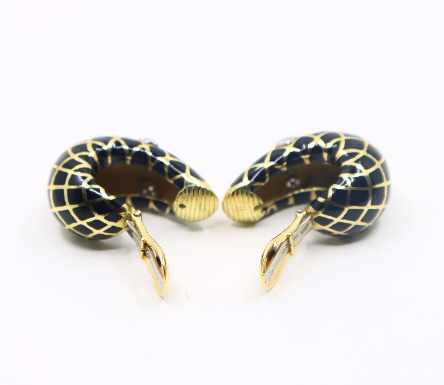 David Webb 18K Gold Diamond Black Enamel J Hoop Earrings
