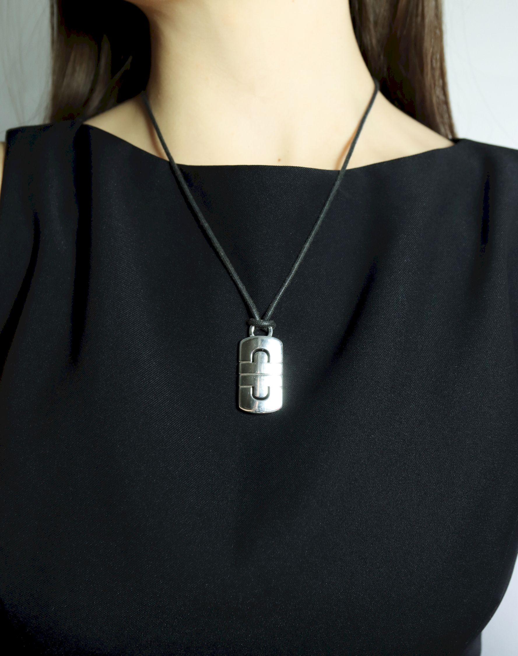 BVLGARI 18K White Gold Parentesi Pendant Leather Cord Necklace