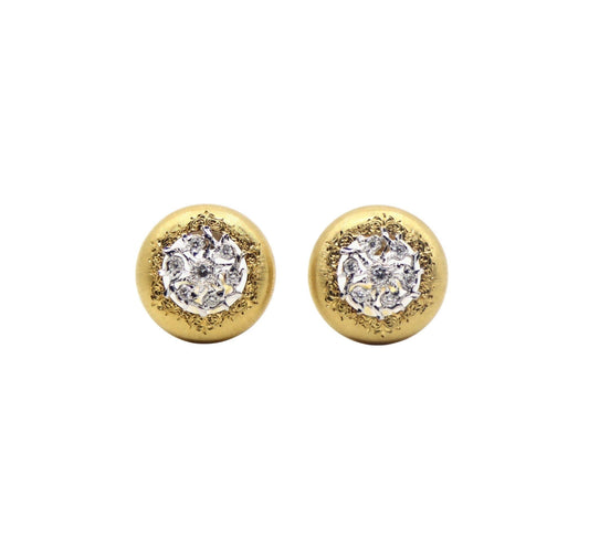 Buccellati 18K Yellow & White Gold Diamond Rigato Satin Finish Button Earrings