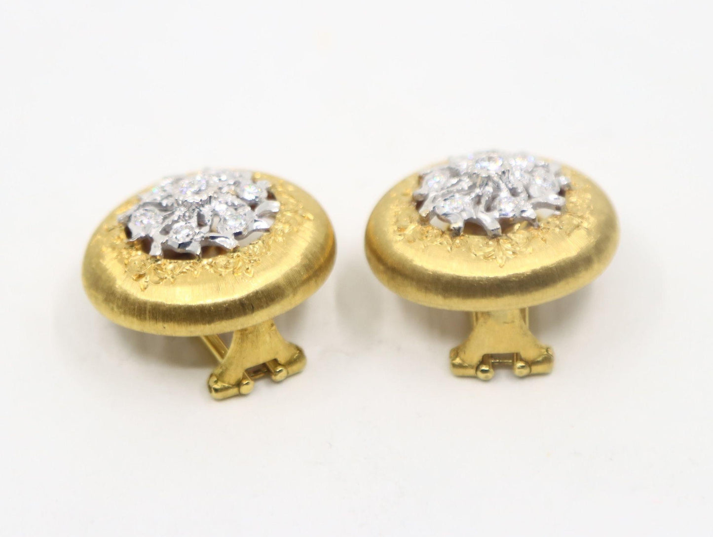 Buccellati 18K Yellow & White Gold Diamond Rigato Satin Finish Button Earrings