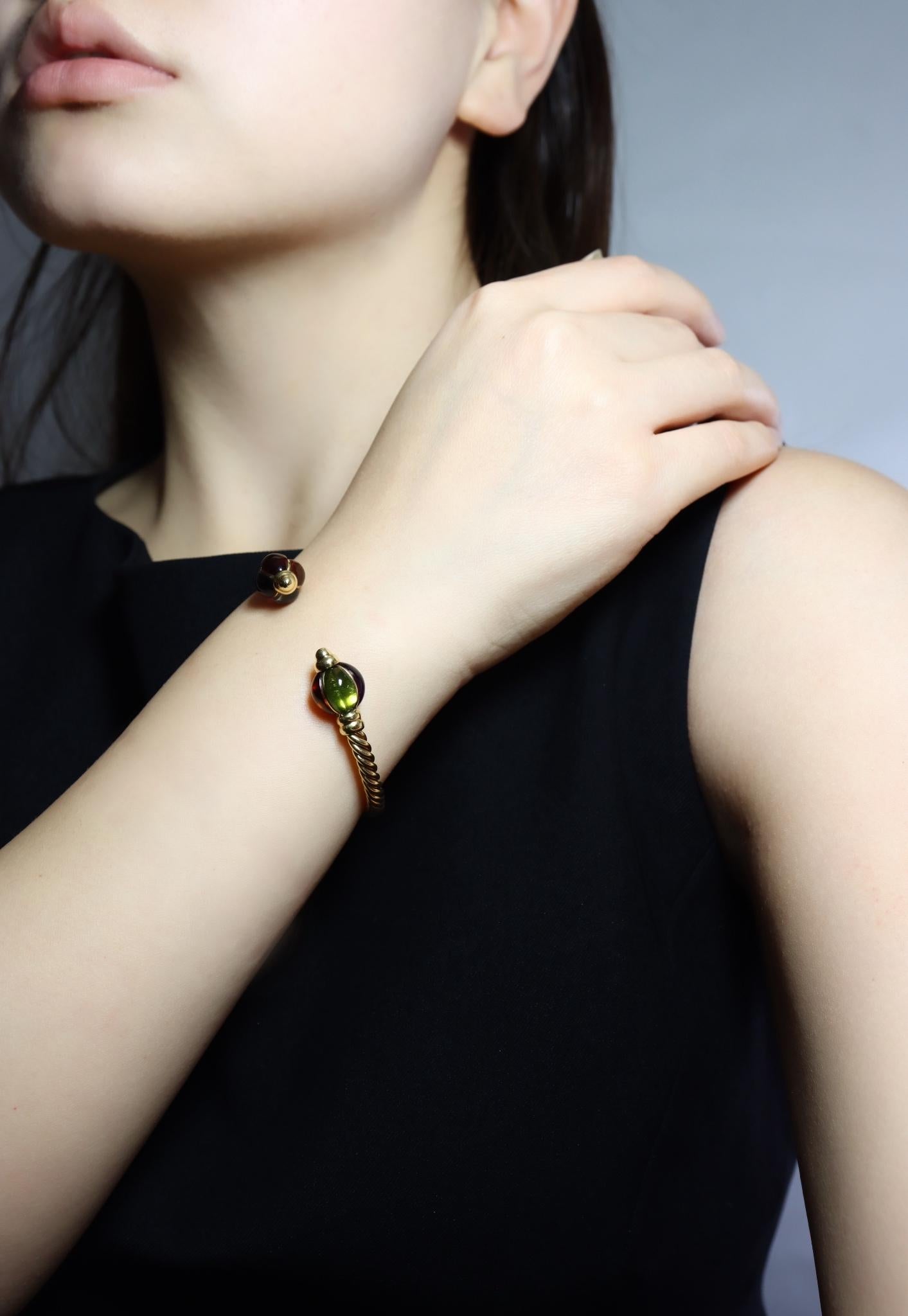 1980's Bulgari 18K Gold Multi-Gemstone Twisted Rope Cuff Bracelet