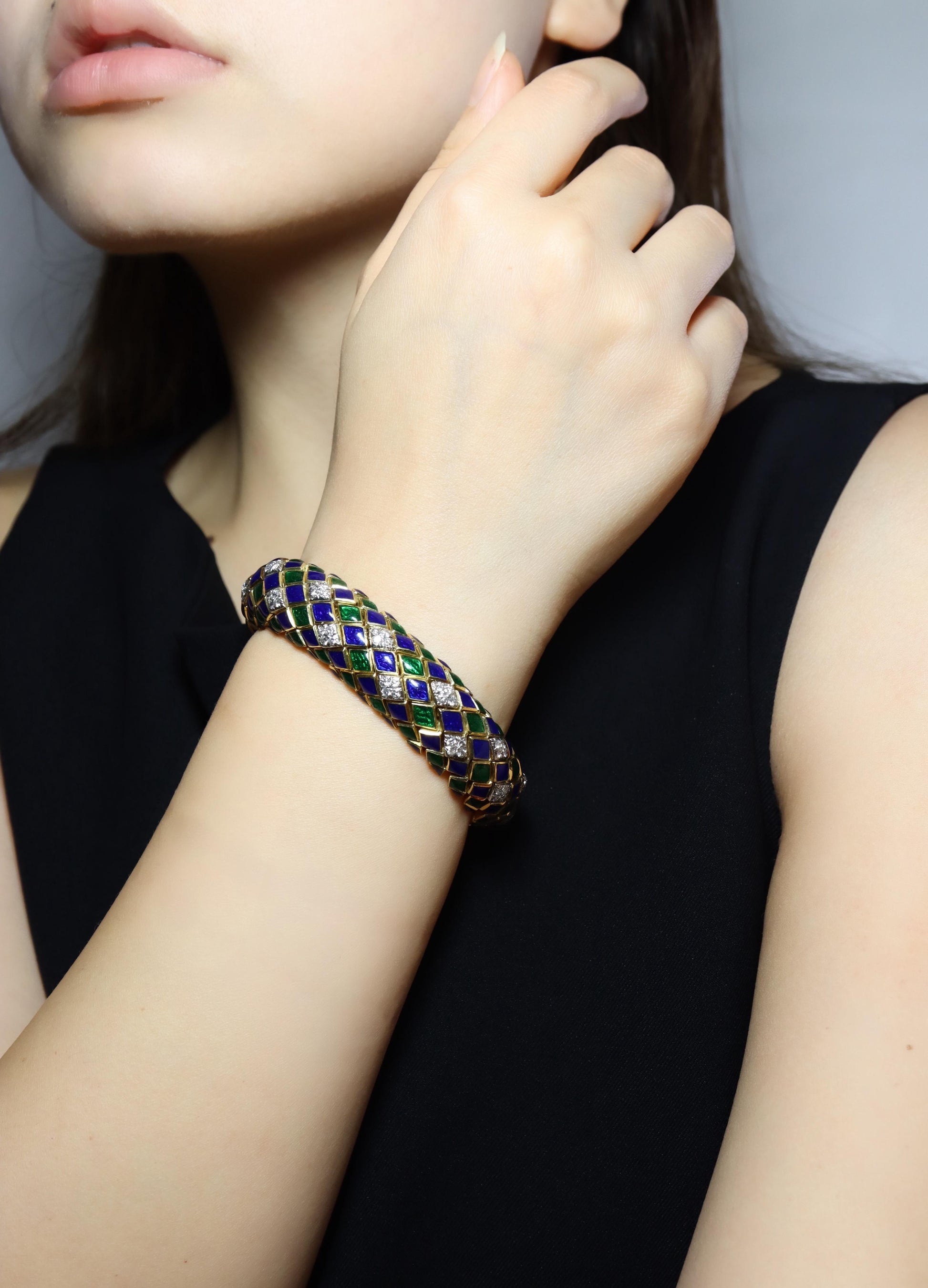 David Webb 18K Gold Diamond Enamel Textured Bracelet