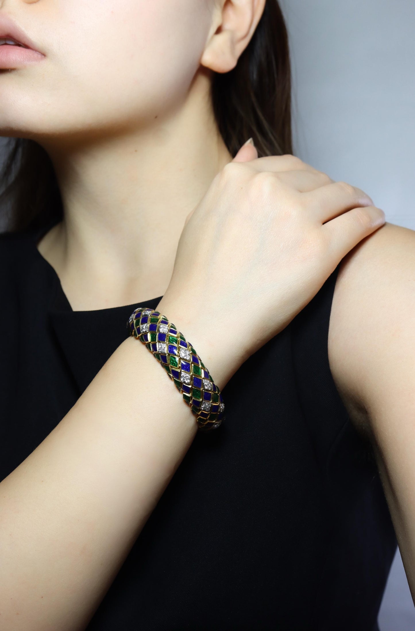 David Webb 18K Gold Diamond Enamel Textured Bracelet