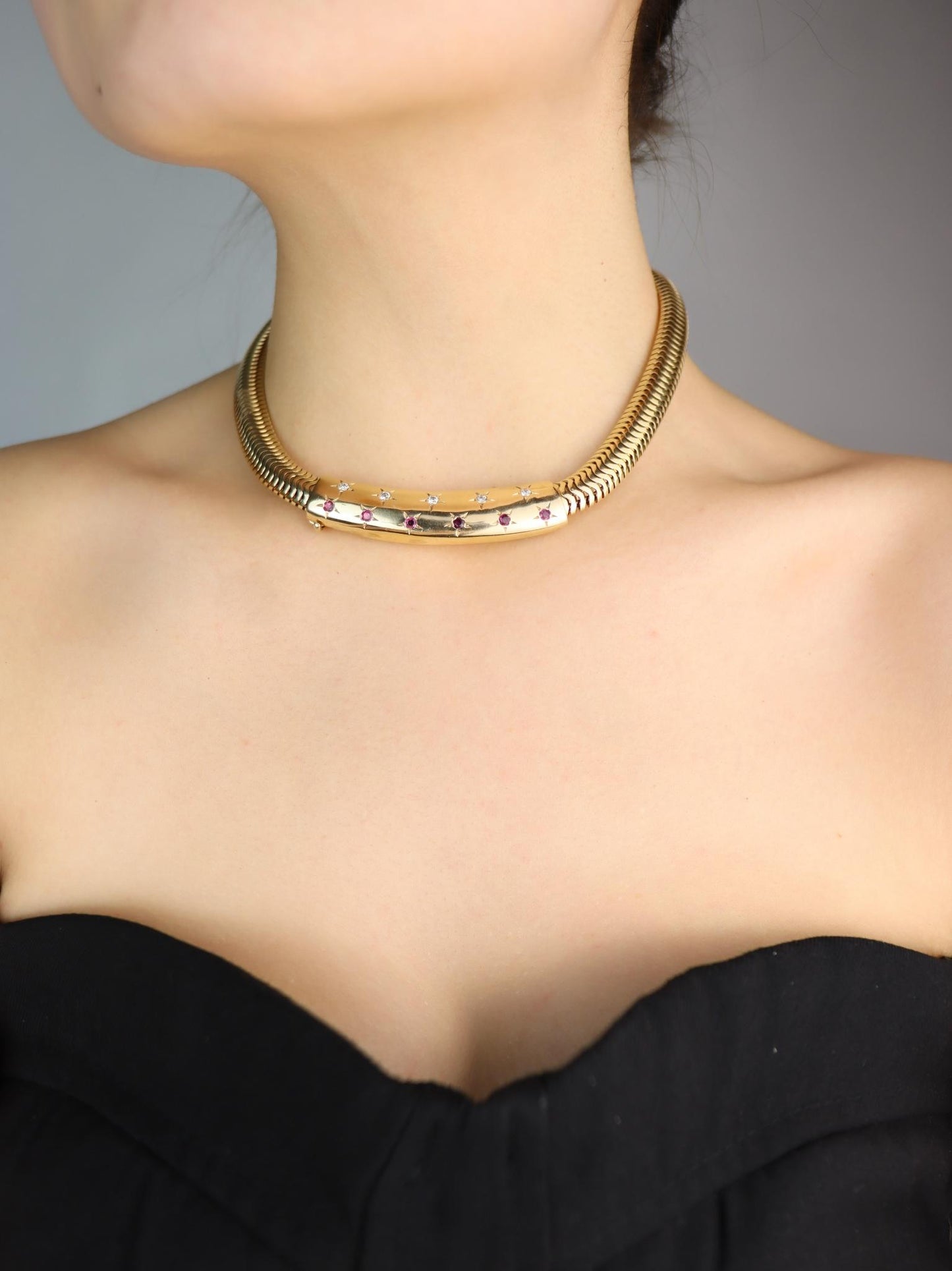 Retro 14K Gold Diamonds Ruby Choker Necklace