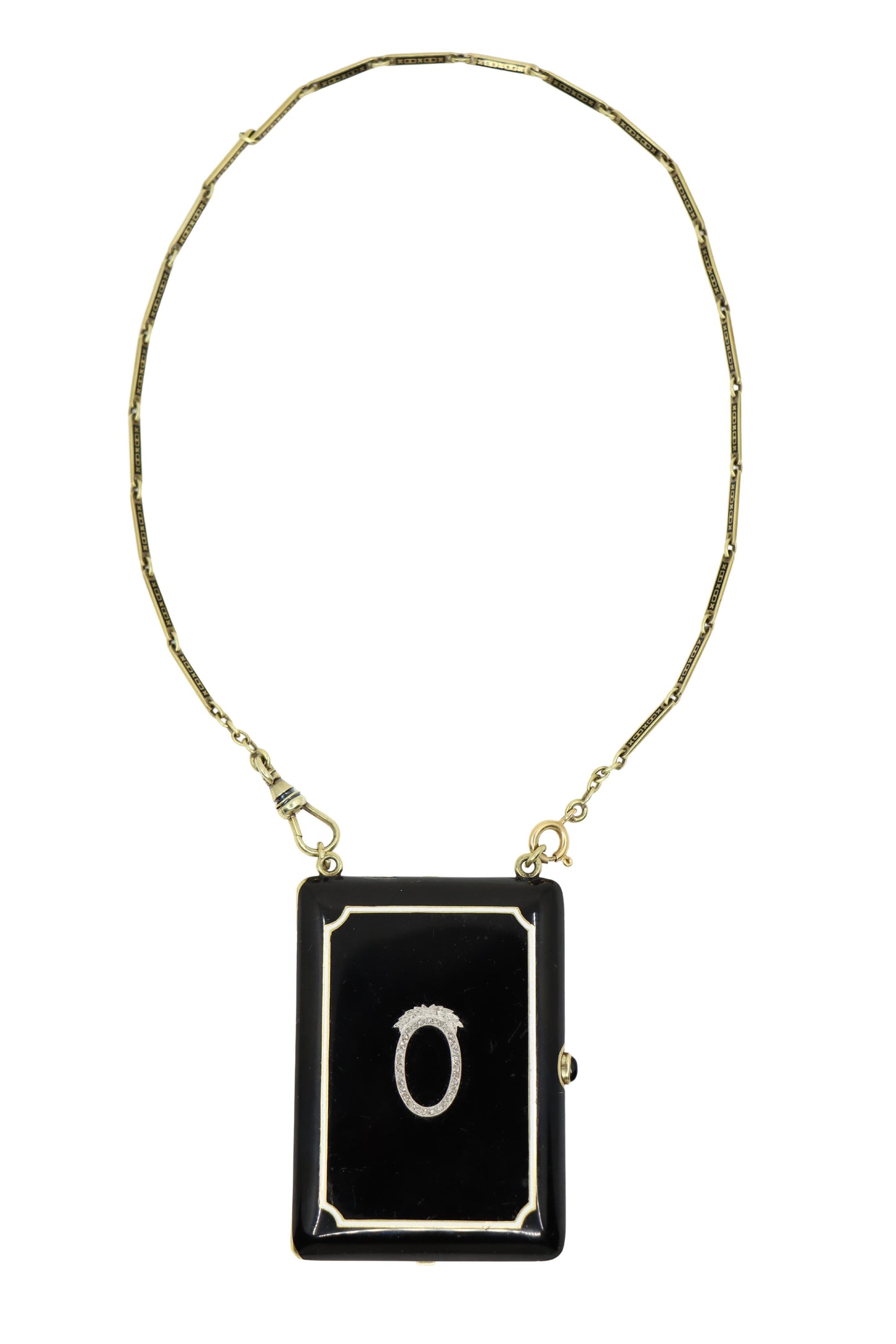 Vintage 14K Gold Onyx Enameled Diamond Makeup Locket Chain