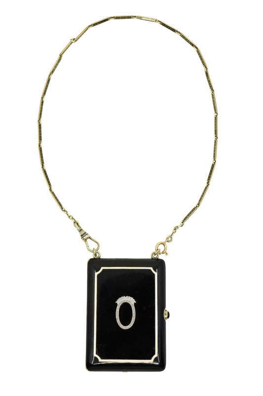 Vintage 14K Gold Onyx Enameled Diamond Makeup Locket Chain