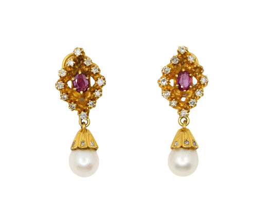 Vintage 14k Gold Ruby Diamonds Pearl Earrings