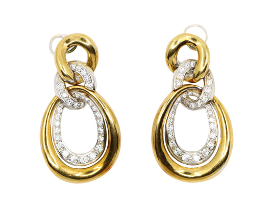 Vintage 18K White & Yellow Gold Diamonds Twisted Double Oval Hoop Earrings