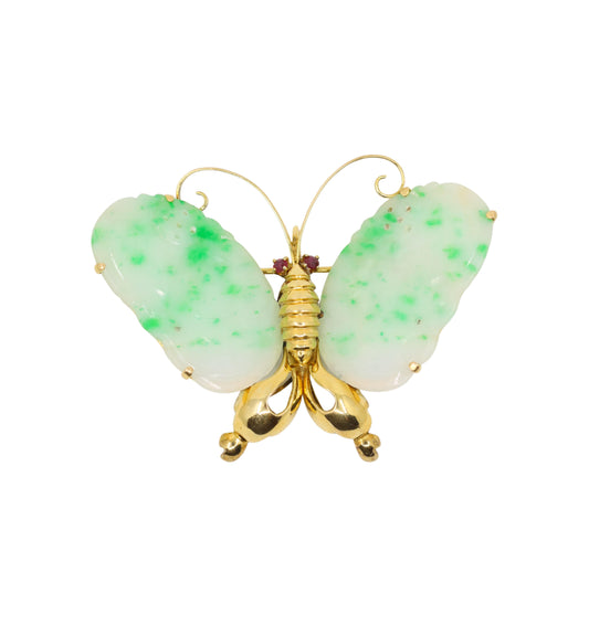 Vintage 14K Gold Ruby Jade Butterfly Brooch