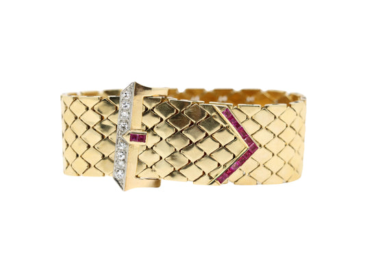 Retro 14K Gold Ruby Diamonds Buckle Bracelet