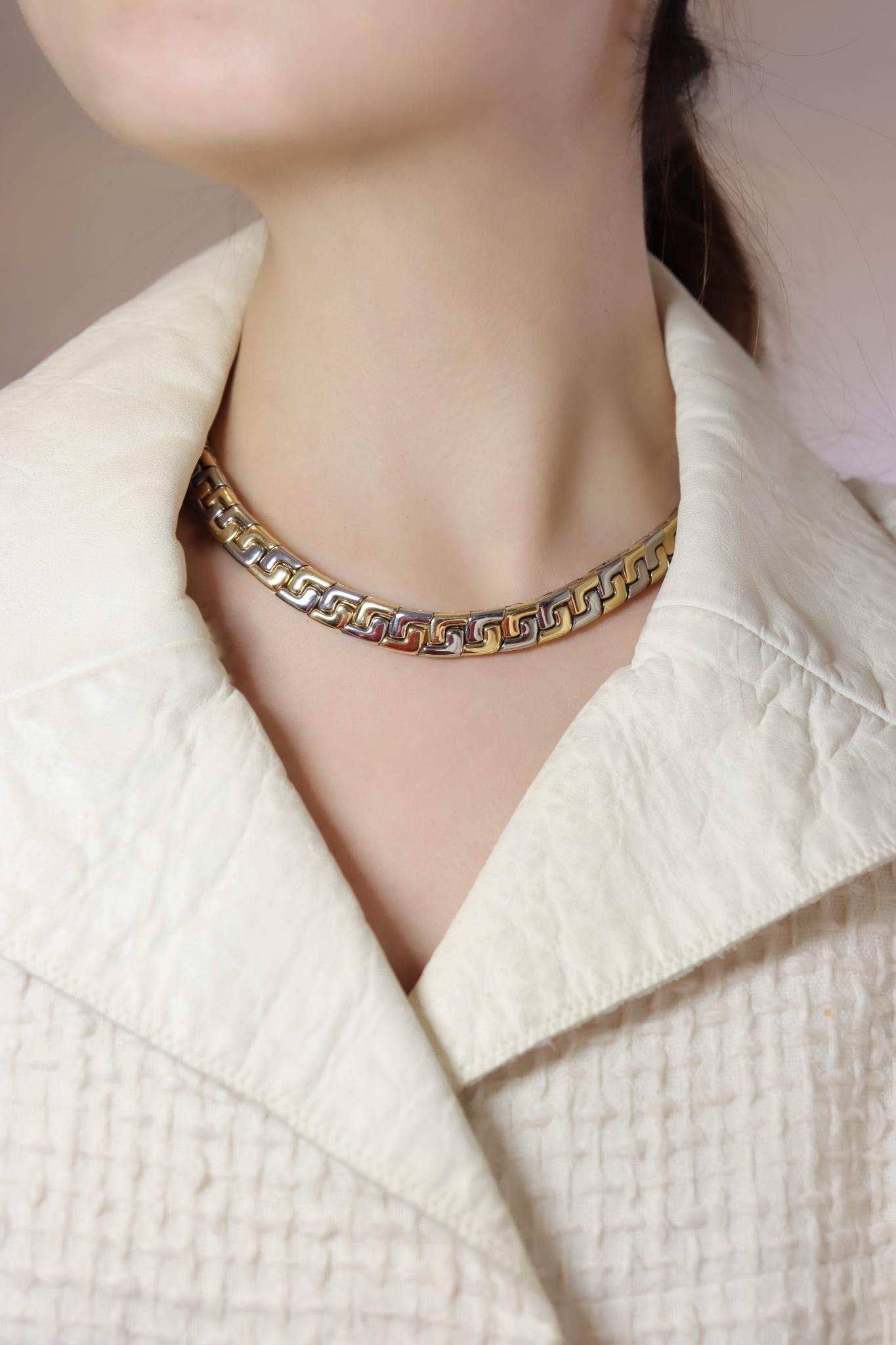VINTAGE BULGARI TWO TONE 18K GOLD GEOMETRIC COLLAR NECKLACE
