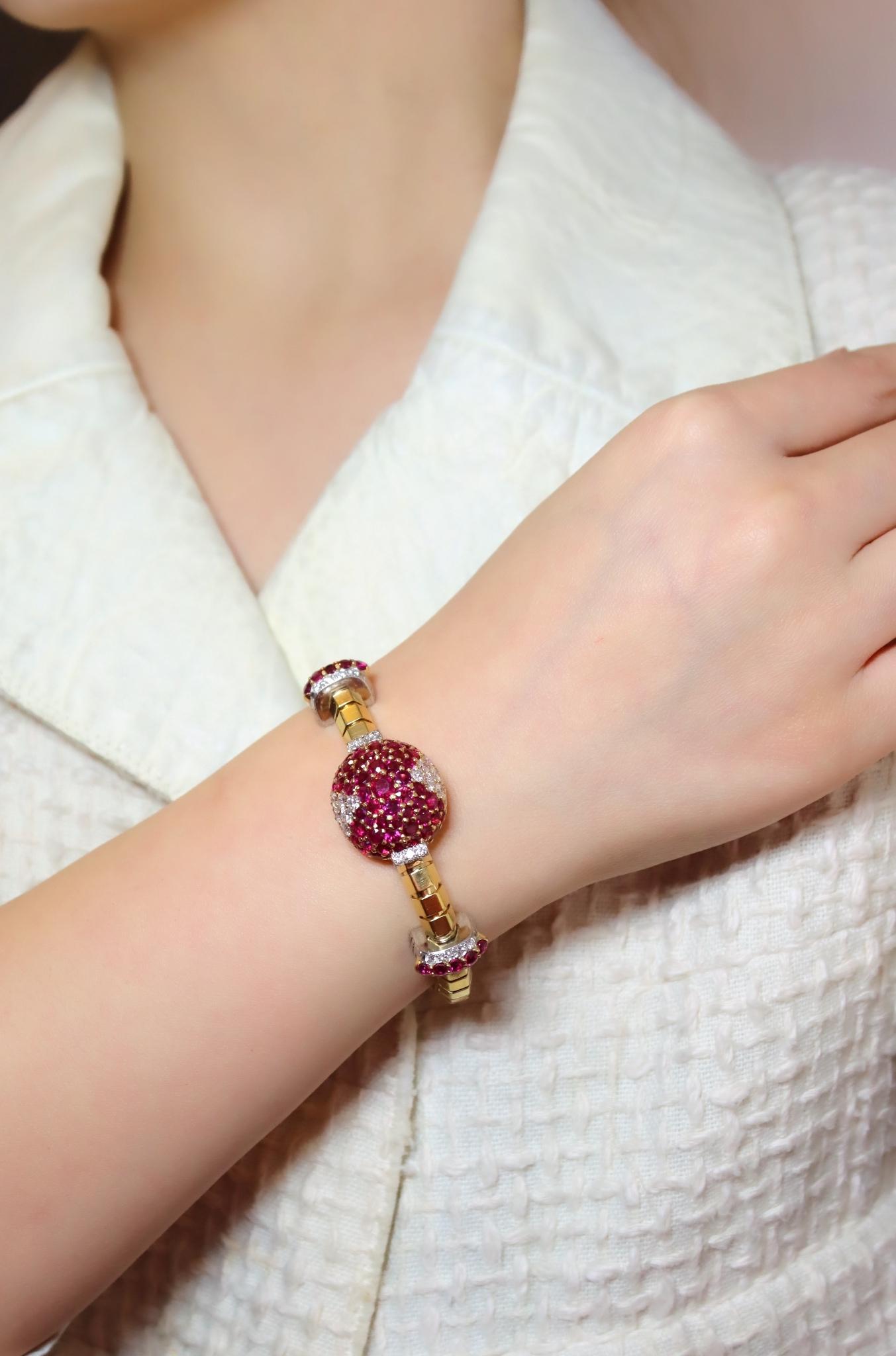 Retro Oscar Heyman 18K Yellow & White Gold Ruby Diamonds Bracelet