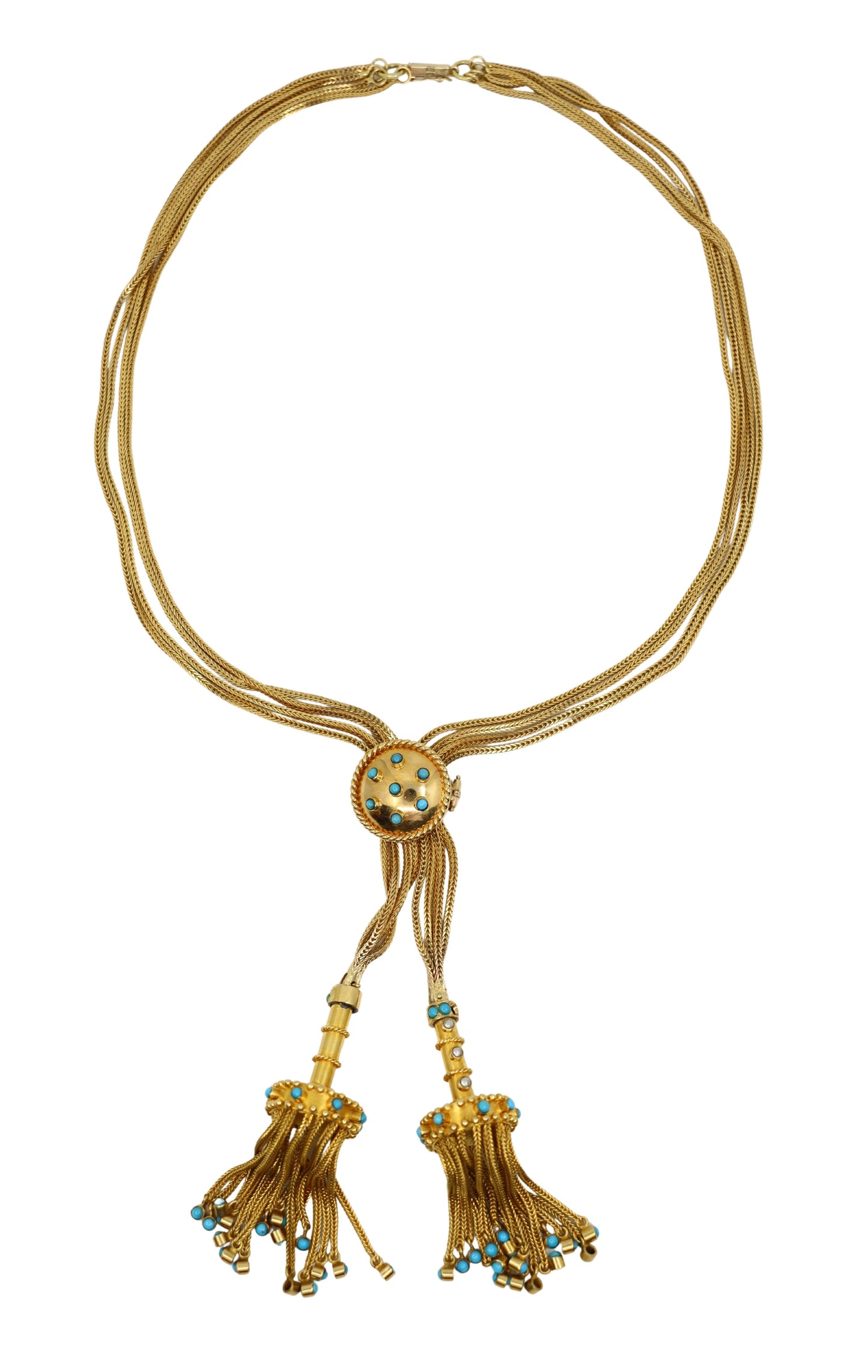 Victorian 14K & 18K Gold Turquoise Pendant Tassel Necklace Chain