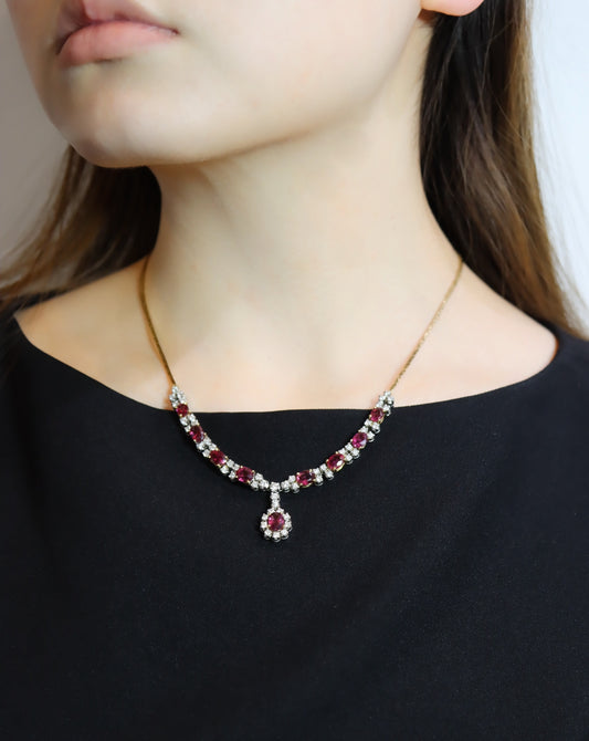 Vintage 18K Gold Ruby Diamonds Necklace