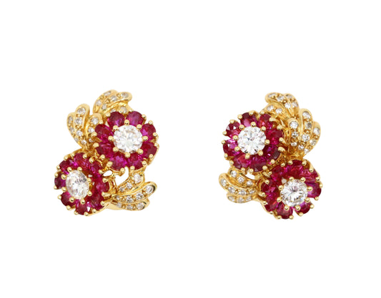 Vintage 18K Gold Ruby Diamonds Flower Earrings